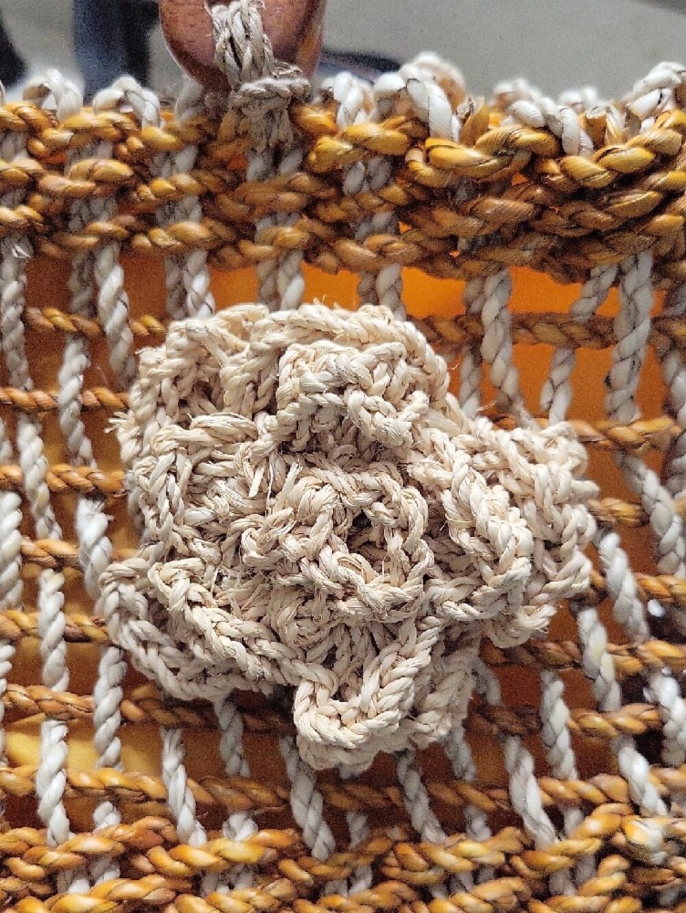 Handmade Woven Straw Tote Bag with Wooden Handles - Mustard Yellow - Picture 4 of 5